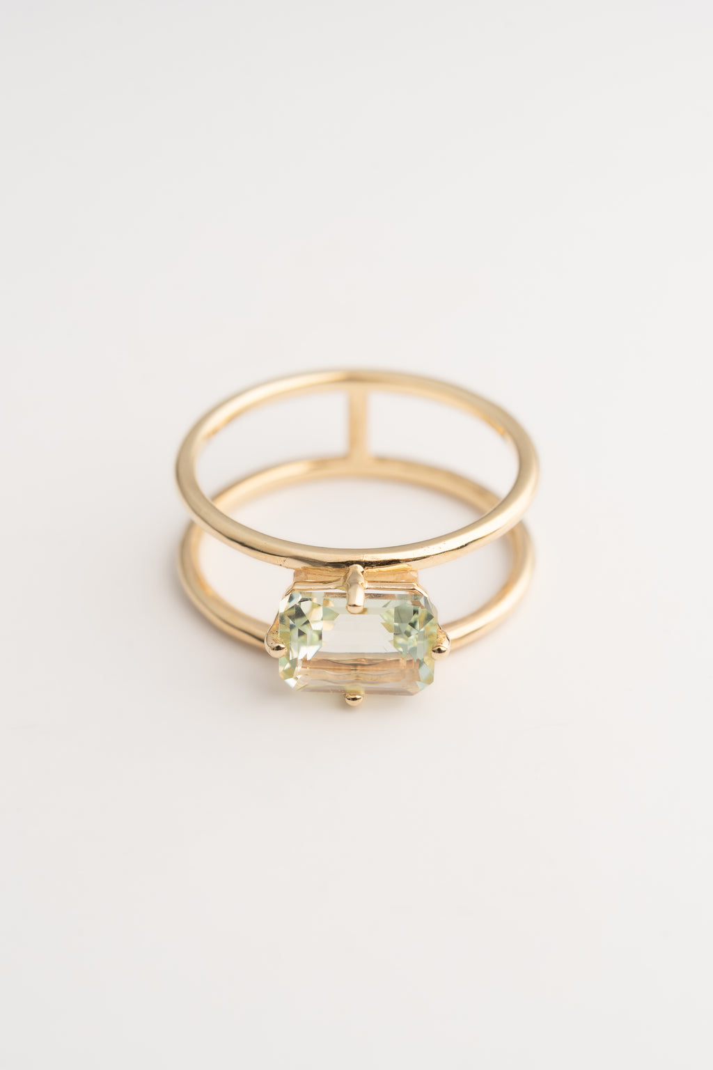 Gold Double-Band Ring with Light Blue Prasiolite - 14k Gold