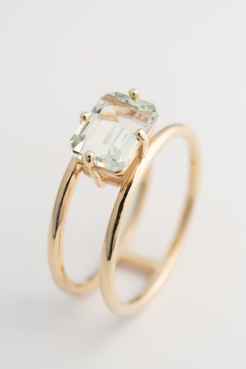 Gold Double-Band Ring with Light Blue Prasiolite - 14k Gold